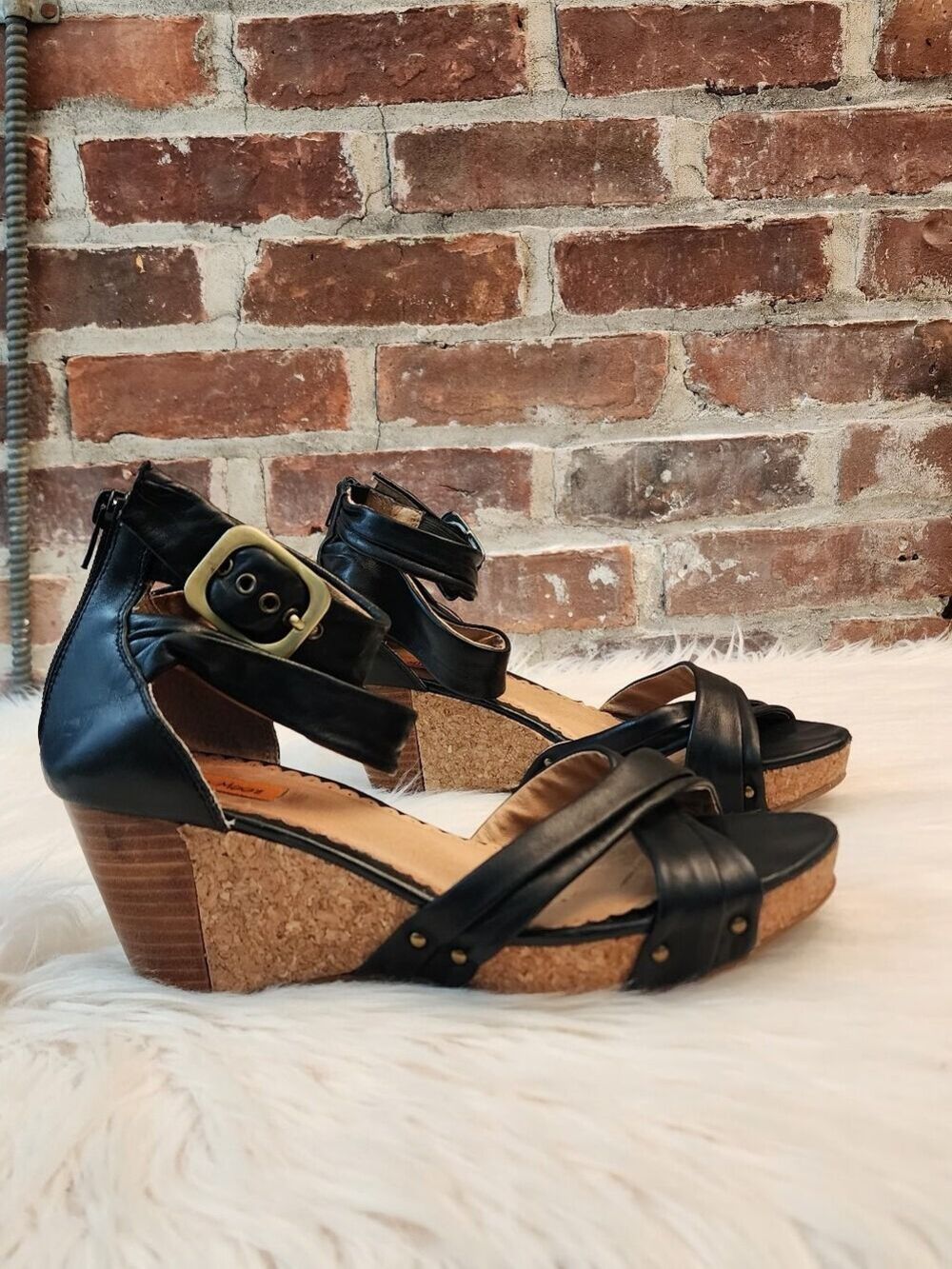 Miz Mooz Violet Black Leather and Cork Platform Wedge Sandals, Size 10